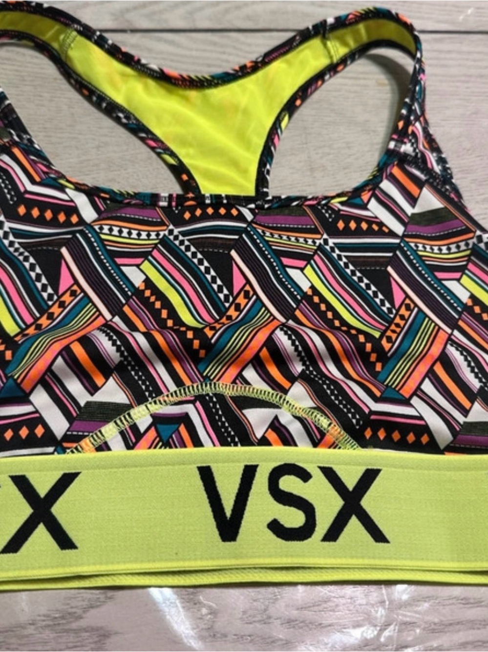 Victoria's Secret Neon Yellow & Multicolor Geometric Racerback Swim Top
